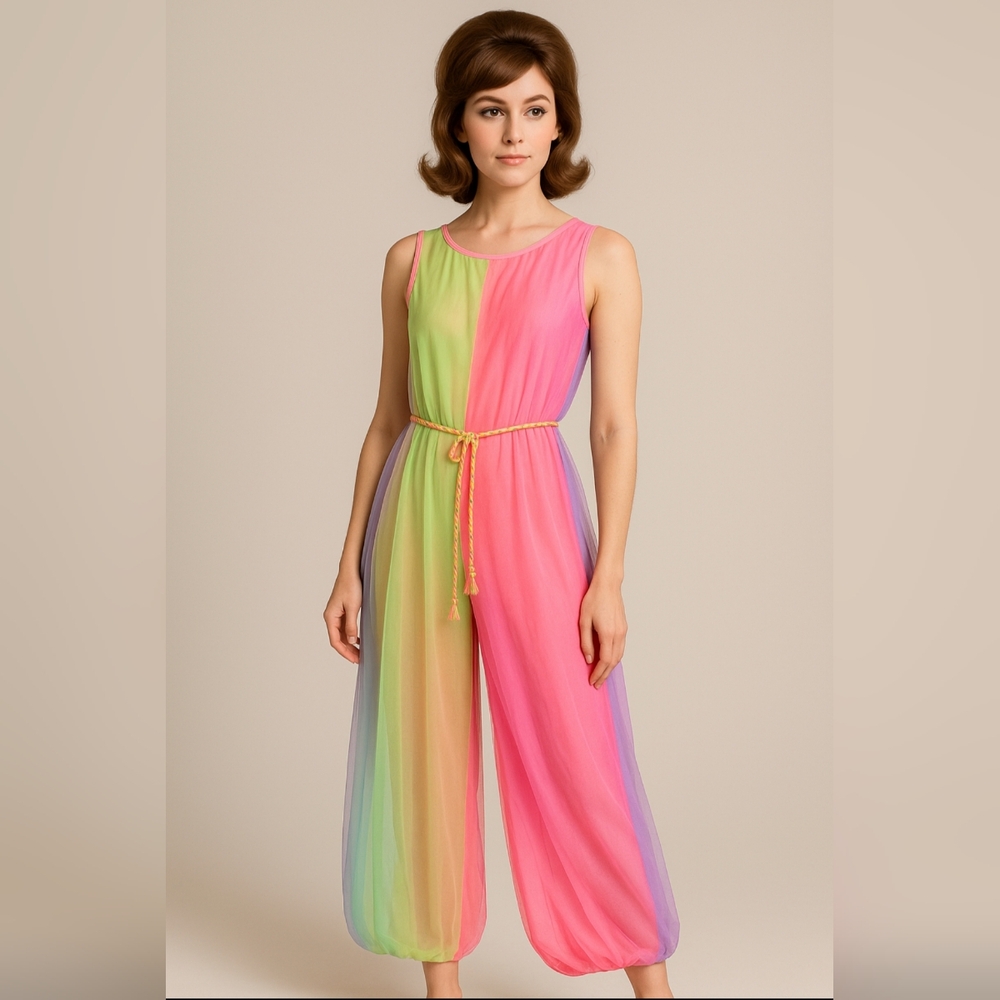 Vintage 1960s Gaymode Neon Mesh‎ Genie Jumpsuit Small Harem RARE